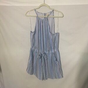 Bebop Blue Multi Combo Striped Day Romper Tie Waist Pockets XL